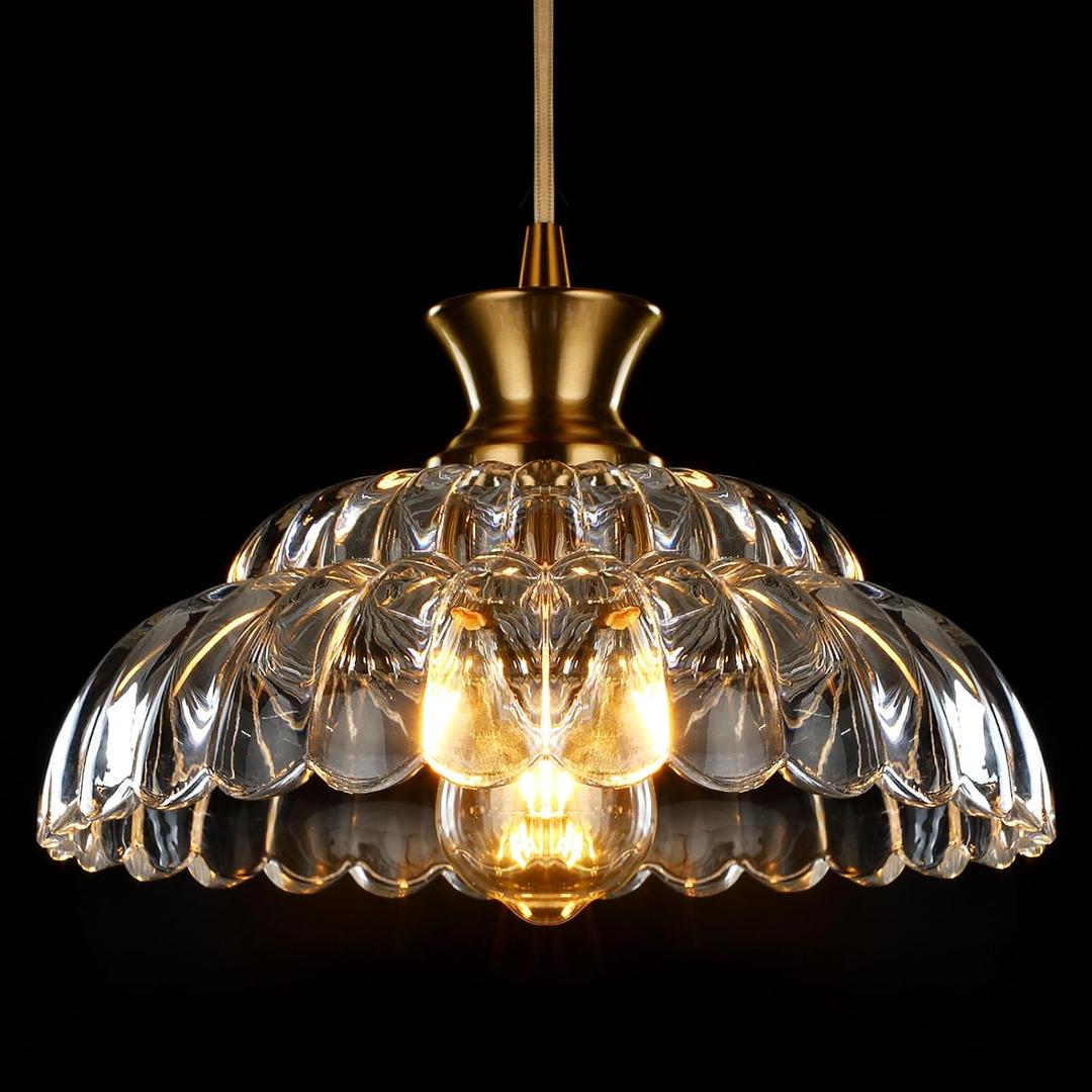 Glass Pendant Lights Kitchen Island, 11.8" Vintage Lighting Glass Light Fixtures Brushed Gold Modern Glass Chandelier Hanging Ceiling for Dining Living Room Restaurant Bedroom Foyer Entryway (12in/1PC)