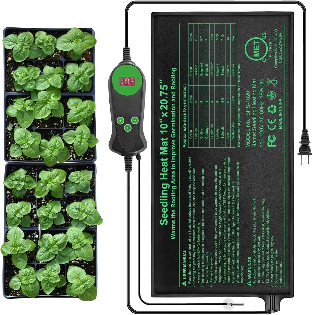 Bestio Seedling Heat Mat with Thermostat Combo Set,10 x 20.75in UL & MET-Certified Plant Heating Mat for Seed Starting,Hydroponic Plant,Heat Mat for Plants for Gardening,Greenhouse