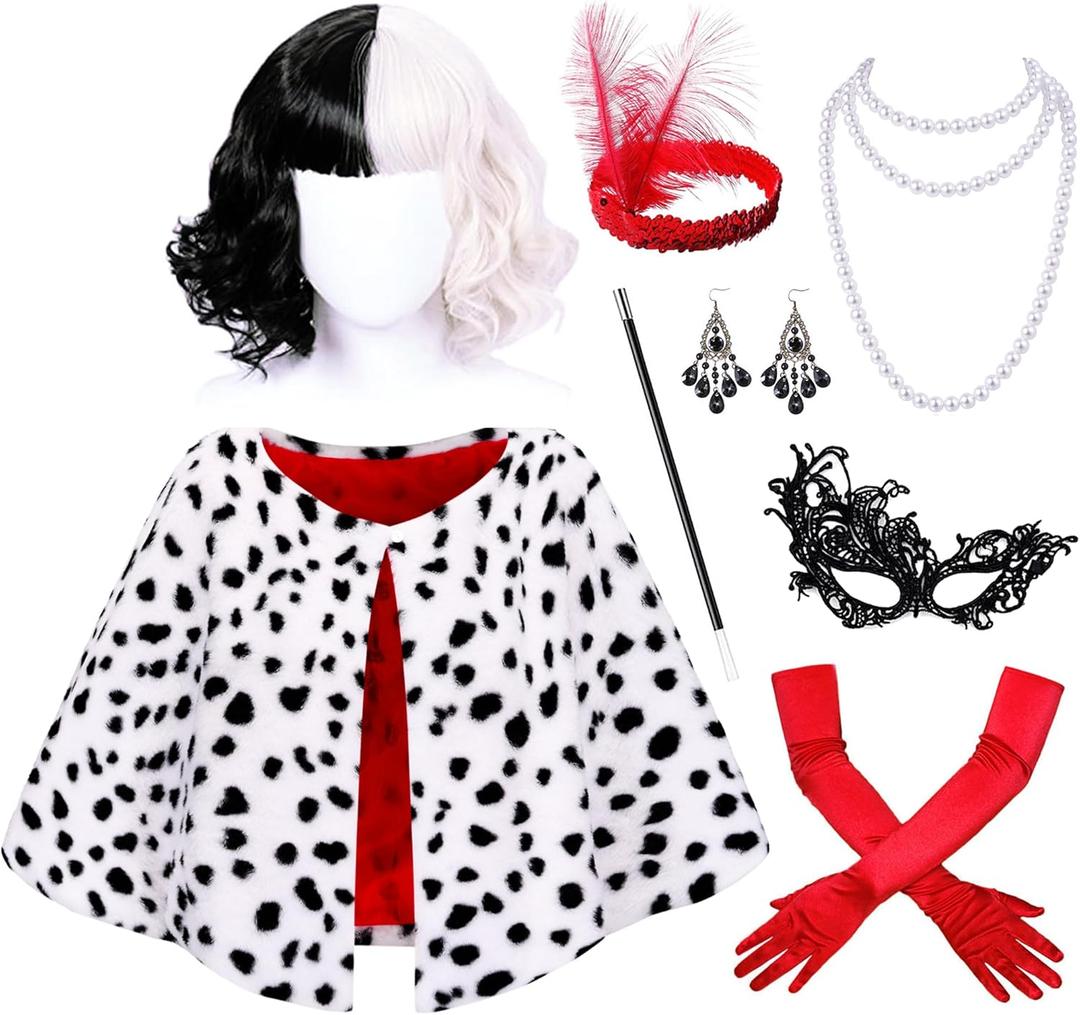 Akokvlar Halloween Costumes for Women Dalmatian Shawl with Gloves Wigs Mask Earrings Headband Set (Medium, White)