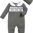 GRNSHTS Newborn Romper Coming Home Outfits Infant Girl Boy Cute Print Long Sleeve Bodysuit with Mitten, Matching Hat Jumpsuit (Gray, XS)