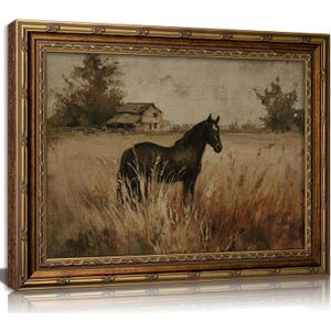 Vintage Gold Framed Horse Canvas Wall Art, Retro Rustic Farmhouse Animal Painting Picture Wall Decor, French Country Pastoral Landscape Equestrian Poster Print Artwork, for Home Living Bedroom, 11"L x 9"W