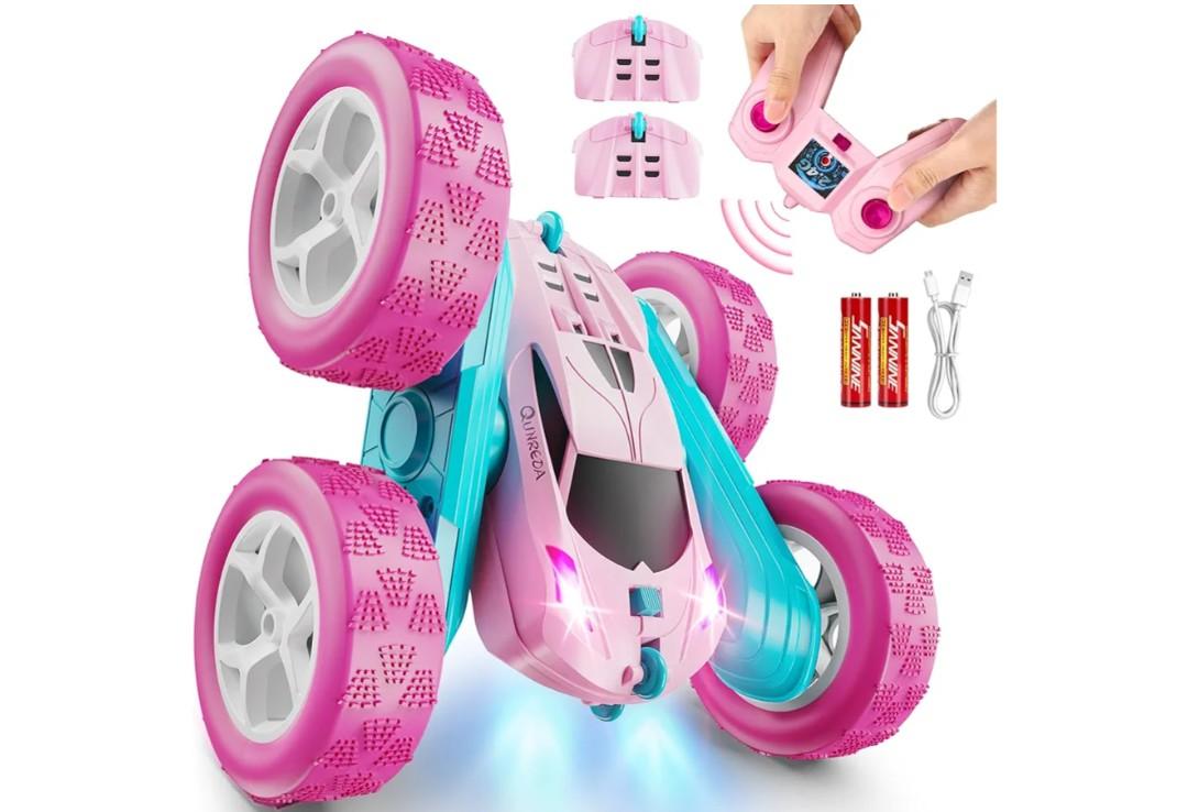 QUNREDA RC Cars, Pink Remote Control Car for Girls, 2.4 GHZ Double Sided RC Stunt Car 360° Rotating Remote Control Crawler with Headlights Car Toys for 6 7 8 9 10 11 12 Girls Birthday Gift Grandkids