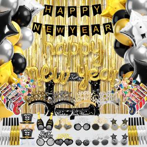 Realspring 91Pcs Happy New Year Party Supplies Plastic New Year's Eve Glasses Headbands Blowouts Inflatable Fireworks Gun Black Gold Silver Balloons Foil Backdrop for 2026 Holiday Celebration Decor