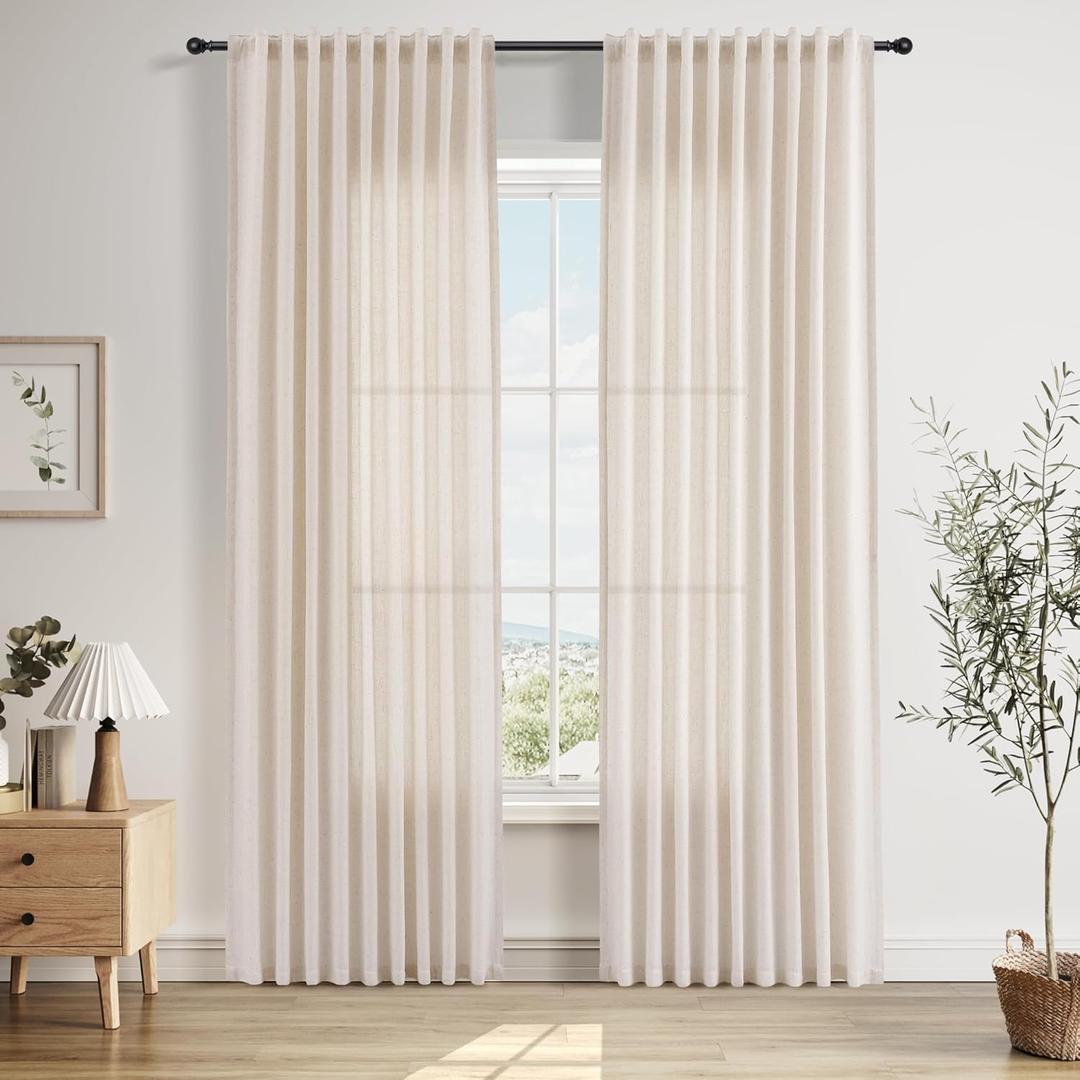 Beige Linen Back Tab Curtains 84 Inches Long for Living Room 2 Panels Set Hook Belt Linen Curtain Semi Sheer Light Filtering Privacy Neutral Elegant Farmhouse Window Drapes for Living Room 52x84