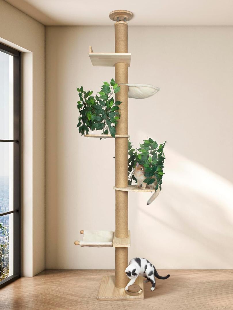 Fantasreen Cat Tree Floor to Ceiling Cat Tower Ajustable Height 97.1-124.4 Inches Tall and 4.5 Inches Thickened Post Large Cat Tree Tower for Indoor Cats Modern