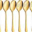 LIANYU 6 Pack Gold Serving Spoons Set, Large Slotted Spoons, Stainless Steel Buffet Dinner Restaurant Golden Serving Utensils, Catering Set for Party Banquet, 9.8 Inch