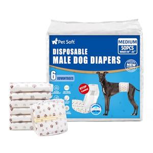 Pet Soft Dog Diapers Male - Disposable Male Dog Wraps Wetness Indicator, Ultra Absorbent Doggie Diapers Comfortable for Incontinence Excitable Urination, 50pcs Medium