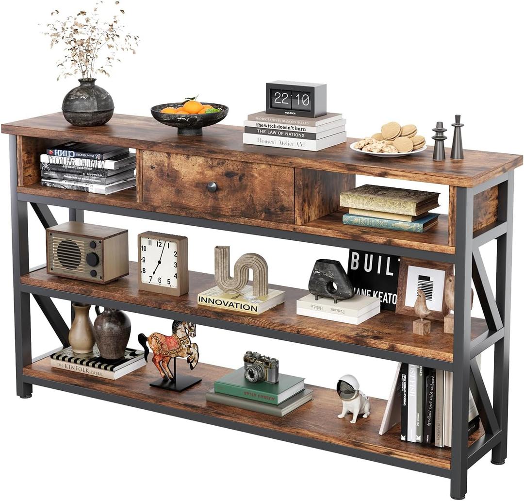 Mexin Console Table with Drawer Shelves, Entryway Table with 3 Tier Storage Shelves, Industrial Wood Hallway Sofa Table for Living Room, Couch, Foyer, Kitchen Counter, 47 Inch Rustic Brown