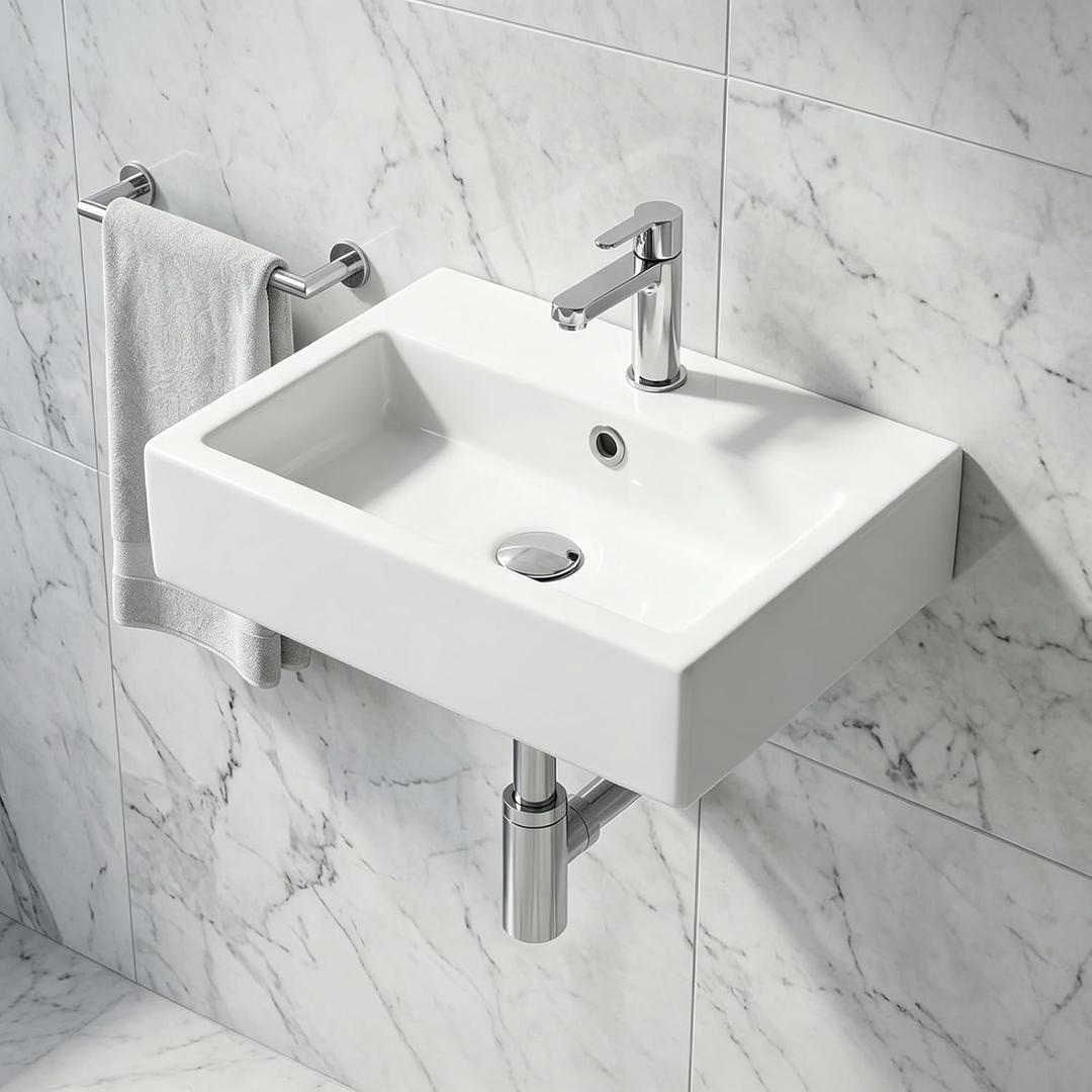 NUESTRA VIDA Wall Mount Bathroom Sink, 20" x 14.7" Rectangular White Ceramic Wall Hung Vanity Sink with Faucet Hole & Overflow, Floating Porcelain Hand Wash Basin