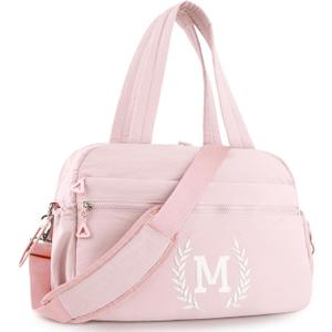 Christmas Gift for Women, Kid & Friend, Initial Girls Duffle Bag, Monogrammed Personalized Overnight Weekender, Birthday Gifts for Teen, Mom, Daughter, Grandmother, Dad (Pink, M)