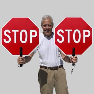 SmartSign Pack of 1, 18 x 18 inch Handheld STOP - STOP Paddle Sign with Handle, Double-Sided, Screen Printed, 120 mil Aluminum Composite, Red and White, Made in USA (18" Non-Reflective)