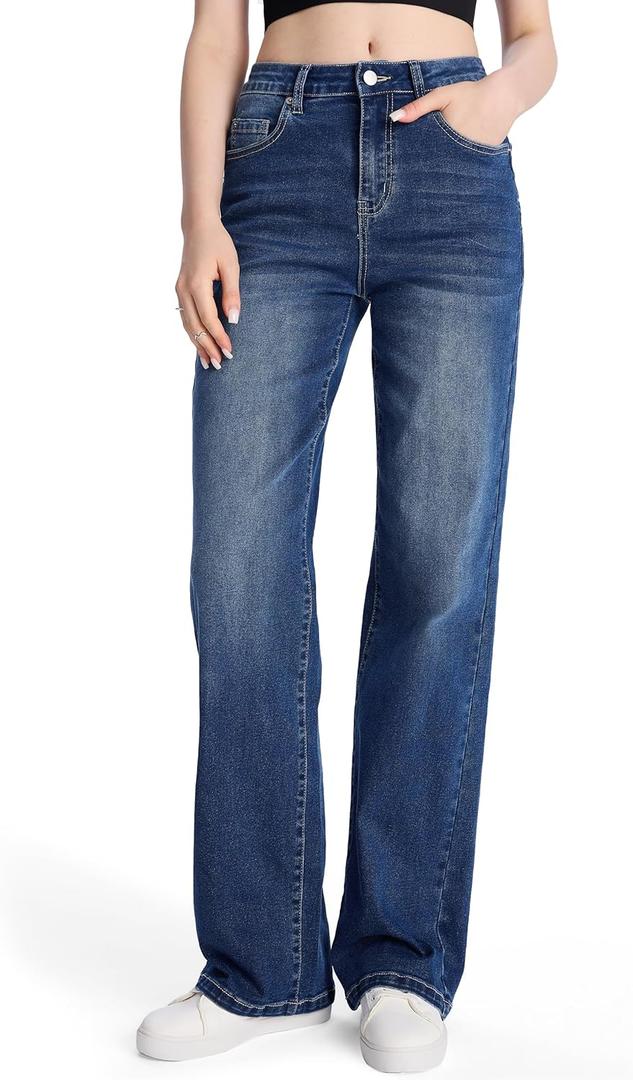SEVEGO Women's, Tall Straight Leg Jeans Mid Waisted Stretchy Loose Denim Pants Casual Baggy Jean Trousers 32'', Blue, M