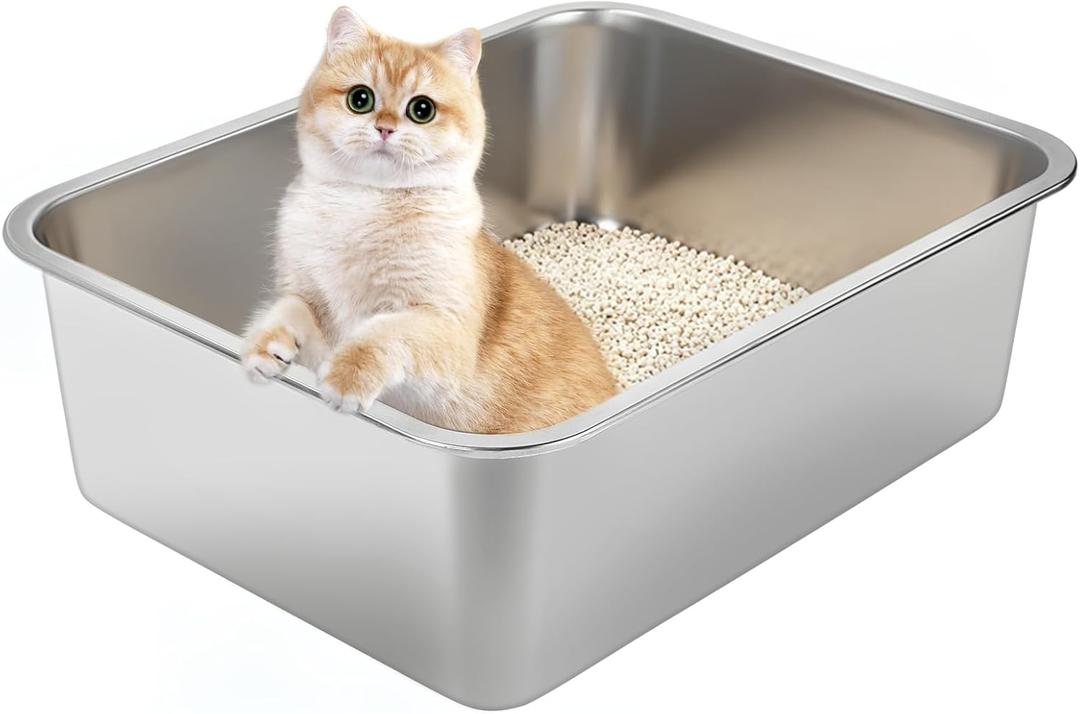 Stainless Steel Cat Litter Box for Large Cats - 17.5"x13.6"x6.1" High-Sided Metal Tray, Anti-Splash & Odor Resistant, Durable Rustproof Design, Easy to Clean 2Pcs