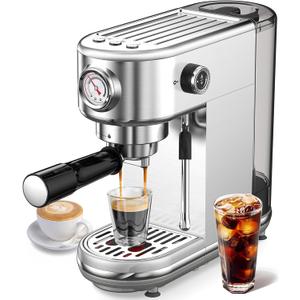 Espresso Machine with Milk Frother, 20 Bar High Pressure Professional Espresso Maker Automatic, Compact Stainless Steel Coffee Machine for Cappuccino, Latte, Gift for Coffee Lover, Dad or Mom, Silver