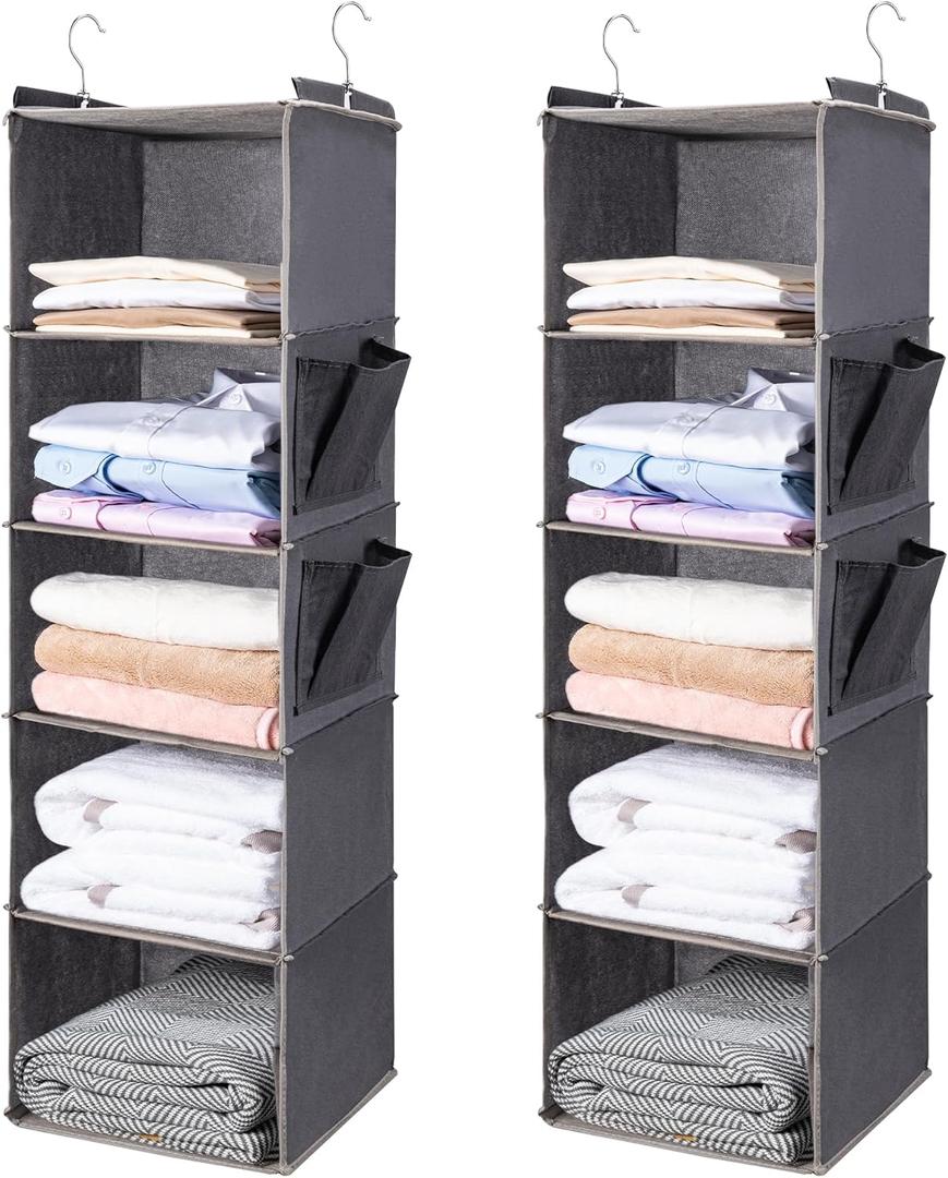 BOOMIBOO Hanging Closet Organize and Shelves5-Hanging Shelf with 2 Side PocketsStorage Foldable 2 Pack Grey