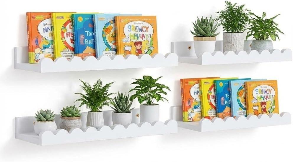 LinTimes Floating Shelve, Set of 4 Wall Display Shelf White Shelves - Natural Wood Floating Shelves for Kids Room, Nursery Book Shelve for Toddles, Wall Organizer with 7.94 Lbs Capacity