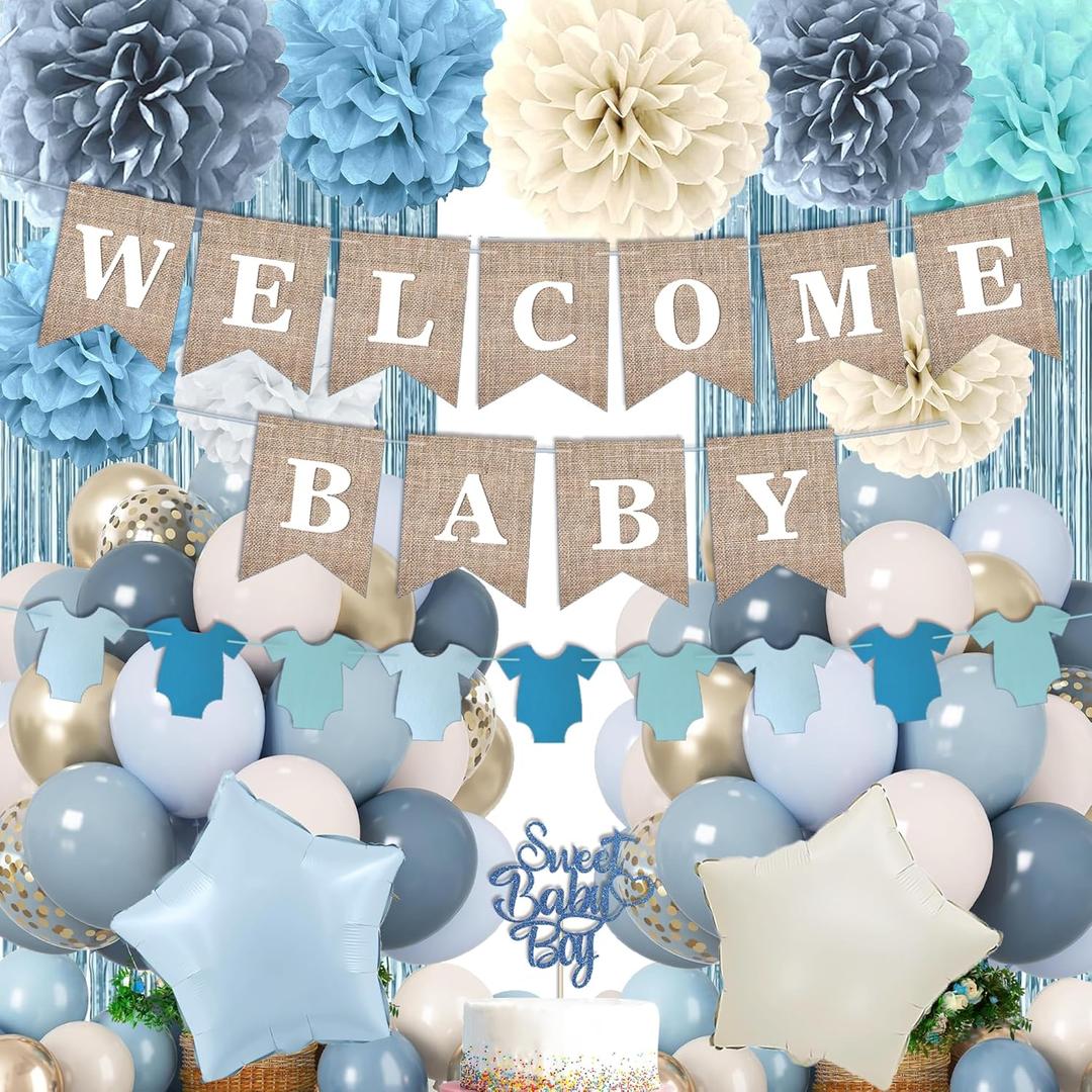Dusty Blue Baby Shower Decorations- Boy Baby Shower Decor Set with- Welcome Baby Banner, Clothes Banner, Cake Topper, Tissue Pom Poms, Dusty Blue Balloons | Boho Baby Boy Shower Decorations