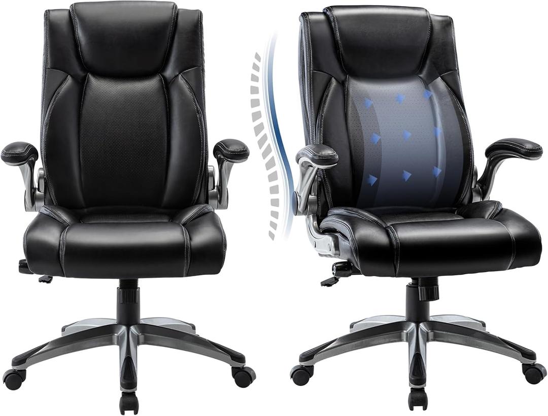 COLAMY Executive Office Ergonomic Chair with Thick Bonded Leather, 300lbs Capacity Big and Tall High Back Desk Chair with Flip-up Armrests, Adjustable Height and Tilt for Working, Study, Gaming,2PC (287-black)