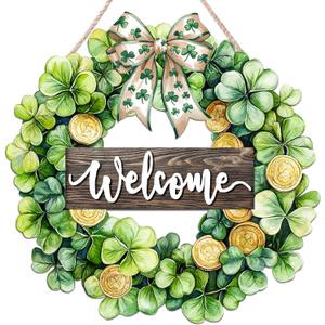 2 x St. Patrick's Day Decorations Wooden Shamrock Door Wreath for Front Door Welcome Sign, St. Patrick's Decor Hanging Sign Farmhouse Outdoor Indoor Shamrock Clover Spring Wall Home Decor