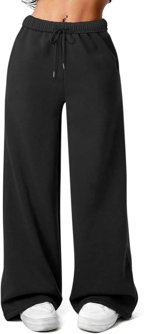 Women's Fleece Wide Leg Sweatpants Winter Warm Thermal Straight Leg Sweat Pants with Pockets (Black)