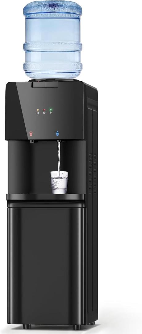 Manastin Water Dispenser with Hot & Cold Water, Top Loading Water Cooler for 3 or 5 Gallon Bottles with Child Safety Lock, Ideal for Kitchens, Offices, Noir Black