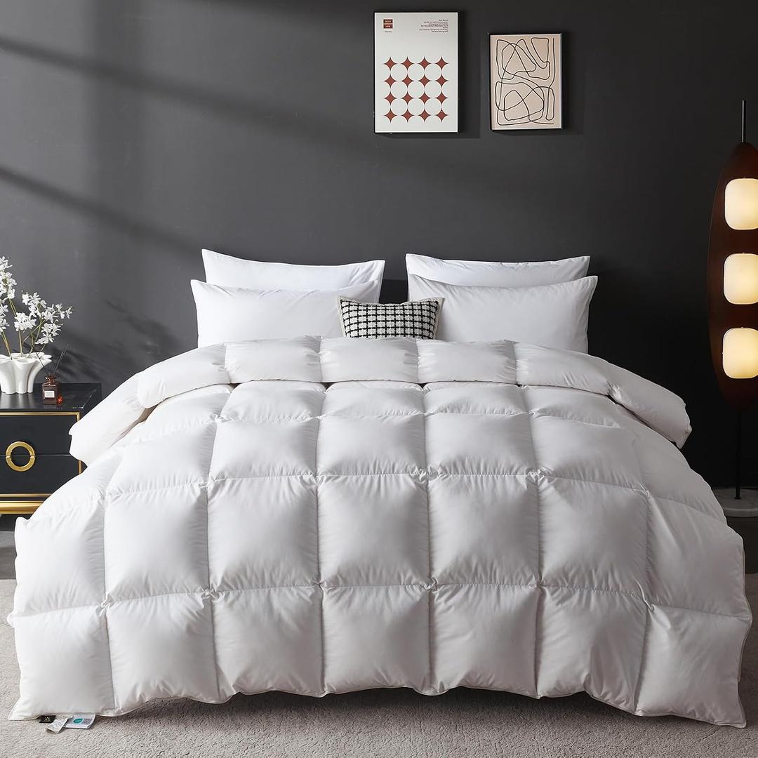 L LOVSOUL Goose Feather Down Fiber Comforter Queen Size, 100% Organic Cotton Fabric Duvet Insert,1200TC,750+FP, Hotel Collection, Heavyweight White Bedding Comforters with 8 Tabs,83oz