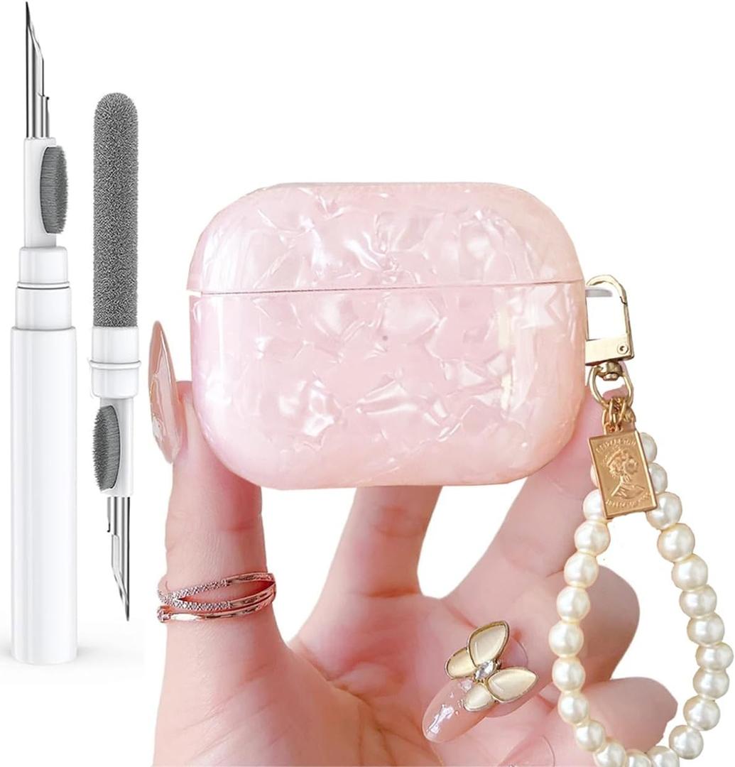for Cute Glitter Airpods Pro 2nd/1st Generation Case with Cleaner Pen, Shell Pattern Airpods iPod Pro 2 Gen Cover Protective Skin Girl Women with Luxury Pearl Keychain 2023/2022/2019 - Pink