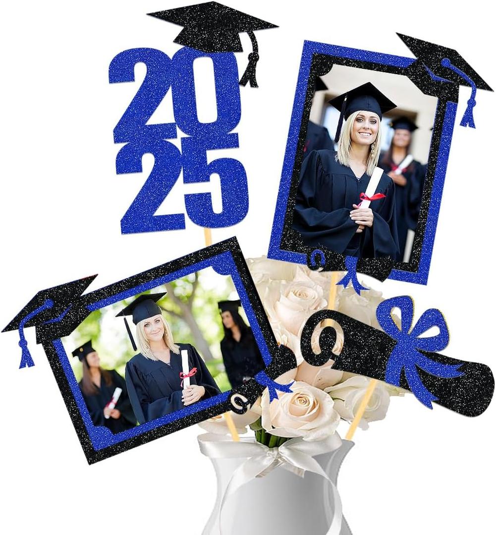 21pcs 2025 Graduation Centerpieces for Table Decoration, Class of 2025 Grad Photo Centerpiece for Graduation Party Decoration (Blue)