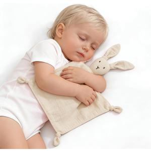 ZIGJOY Bunny Lovey Muslin Cotton Baby Security Blanket Soft Breathable Lovies for Babies Gifts for Newborn Infant Toddler Boys and Girls, Khaki