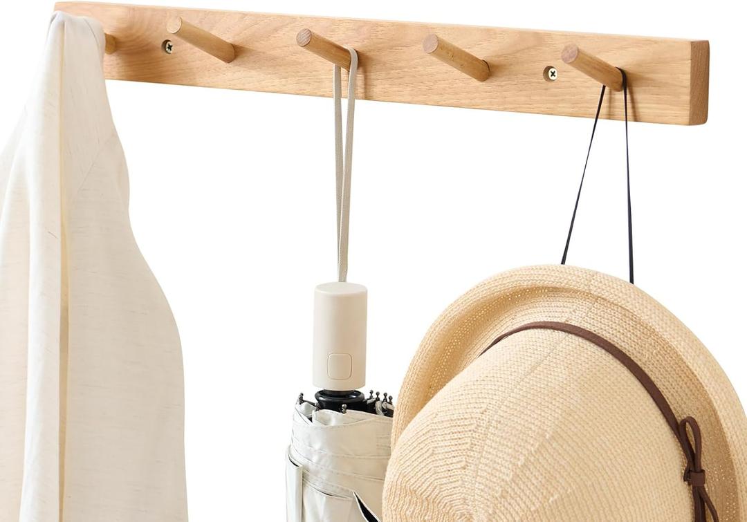 Hickory Wood Coat Rack Wall Mount, 20 Inch Coat Hook Hanger Wooden Wall Coat Rack with 5 Hooks for Purse Clothes Towels Hats in Entryway Bedroom Bathroom, Natural