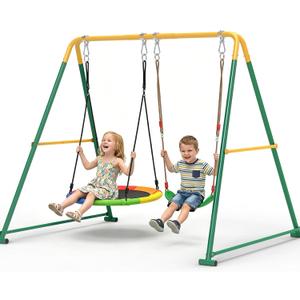 2-in-1 Swing Set for Backyard for Kids, with 1 Saucer Swing, 1 Belt Swing, 440lbs Metal Swing Set for Toddler, Heavy-Duty Swing Stand w/8 Ground Stakes, Outdoor Swingset for Kids Adults (Green)