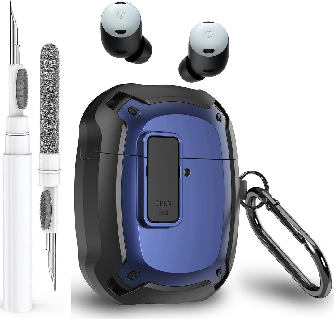 for Google Pixel Buds Pro 2/Pro Case Cover with Lock Clip & Cleaner Pen 2024/2022, Shockproof Protective Hard Shell Skin with Carabiner Men Women - Black/Blue