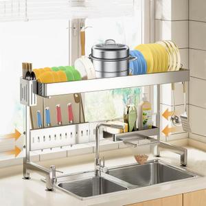 Mamakura Over The Sink Dish Drying Rack Stainless Steel,Adjustable 17.13"-32.68" Sink Compatible Wih 31.5" Or Less,2 Tier Stainless Steel Large Dish Racks for Kitchen Counter