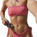 Verdusa Women's 2 Piece Striped Bandeau Bikini Set Lace Up Cheeky Swimsuits (L)