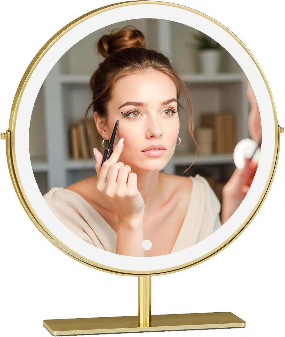 12.2-inch Round Dressing Mirror, Household and Student Dormitory Makeup Mirror, Three-Color LED Light, Smart Touch 360 Rotation, dimmable (Golden)