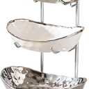 XUDREZ 3 Tier Fruit Bowl with Metal Stand for Kitchen Counter, Ceramic White Gold Silver, Tiered Fruit Basket for Nuts, Snacks, Bread, Candy Storage (Silver)
