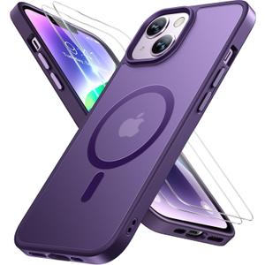 Miracase Magnetic for iPhone 14 Case 6.1 inch (Compatible with MagSafe)with 2X Screen Protectors Military-Grade Protection, Anti-Fingerprint Translucent Matte Phone Case Cover, Dark Purple