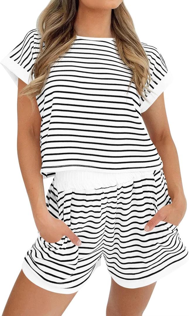 Tankaneo Womens Summer 2 Piece Sets Striped Short Sleeve T Shirts and Shorts Loungewear Matching Set (White, S)