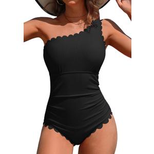 Charmo One Shoulder One Piece Swimsuit Women Ribbed Scalloped Bathing Suit Cutout 1 Piece Slimming Full Coverage Swim Suit (Medium, Black)