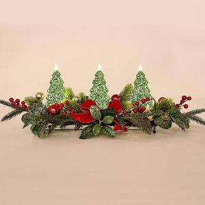 Christmas Table Centerpiece with LED Lights, Green Xmas Tree Decoration, Red Berry, Christmas Balls for Holiday Party, Home, Fireplace