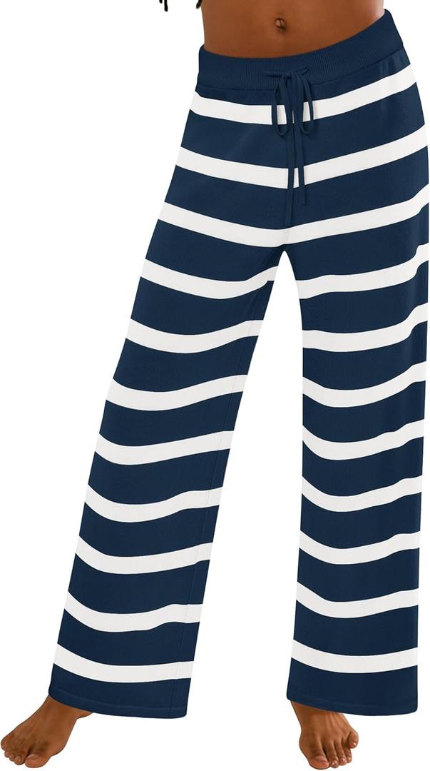 ZESICA Womens Casual Striped Wide Leg Pants Elastic Waist Drawstring Knit Loose Soft Pajama Lounge Pants Fall Clothes (M)