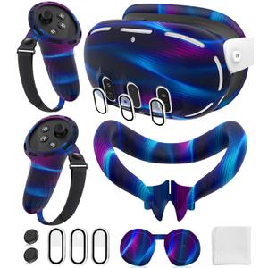 Silicone Cover Set Compatible with Oculus/Meta Quest 3, Touch Controller Grips Cover, VR Shell Cover, Facial Interface Cover, Protective Lens Cover, Tempered Glass Lens Caps (Aurora Blue)