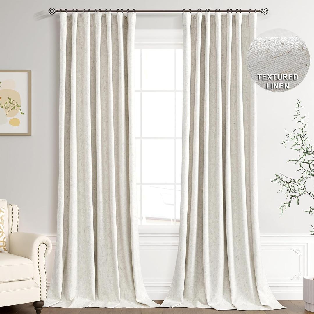 Joywell 100% Blackout Linen Curtains 108 Inches Long for Bedroom Large Window 9 FT Natural Black Out Curtain Back Tab Hook Belt Room Darkening Drapes Floor to Ceiling Cream Ivory 2 Panel,52 x 108