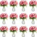 Zeyune 37 Pack Artificial Peonies Flowers with Bud Vase Bulk 24 Bundles Silk Peonies Bouquets 12 Plastic Clear Vase with 1 Rope Fake Flowers for Table Centerpiece Vases(Dark Pink,Perfume)