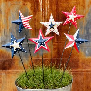 4th of July Decorations Outdoor 19" Metal Barn Star 6-Pack, Patriotic Outdoor Decorations, Rustic Iron Decorative Garden Stakes with American Flag Stars for Yard Patio Lawn