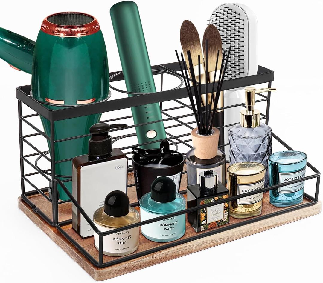 Hair Tool Organizer, Movable Hair Dryer Holder, Hair Styling Tools Storage for Vanity, Bath Counter Organizer, Bathroom Trays for Hair Toiletry, Makeup (12" x 7.7" x 5.8", Wood-Black)