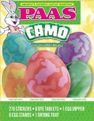 PAAS Camo Egg Decorating Kit Easter Egg Dye Kit with 276 Stickers, 8 Food-Safe Dye Tablets, Egg Dipper, Stands & Drying Tray