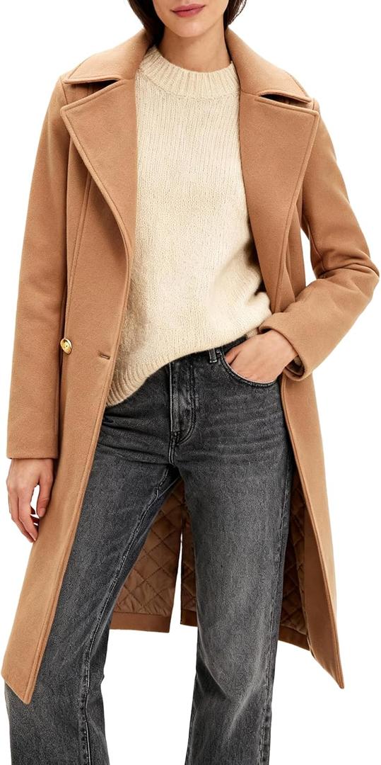 Women's Long Notch Lapel Coat, Double-Breasted Peacoat, Casual Classic Fall Winter Overcoat (Medium, Khaki)