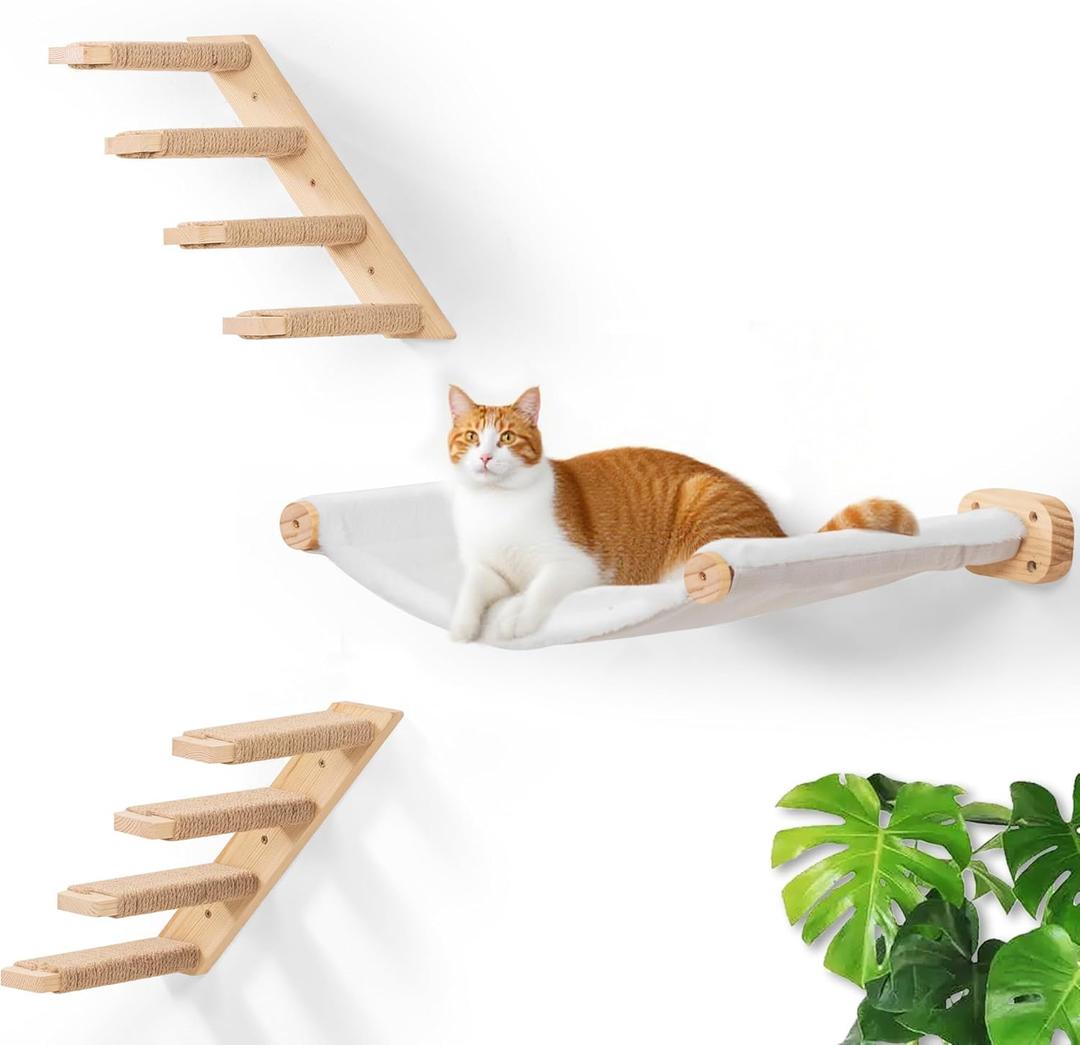 Cat Wall Hammock Set of 3, Wall Shelves with 1 Floating Fabric Hammock, 2 Cat Ladders with 4 Steps Each, Wall Mounted Bed Furniture & Climber for Large Cats