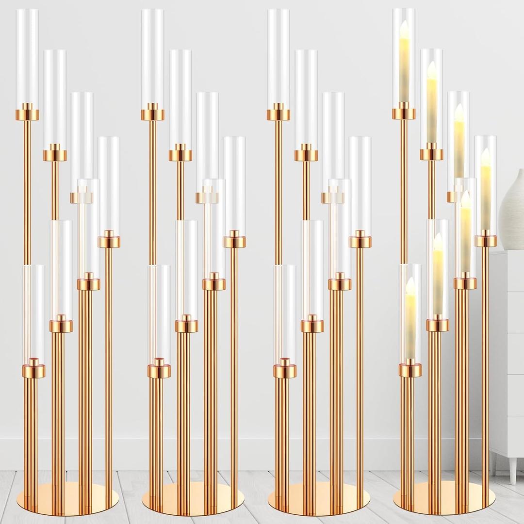 Tessco 4 Sets Gold 7 Arm Floor Candelabra 46.5'' Tall Floor Candle Holders Metal Candle Holders with Acrylic Lampshade Candlestick Centerpiece for Electronic Wedding Home Party Decoration